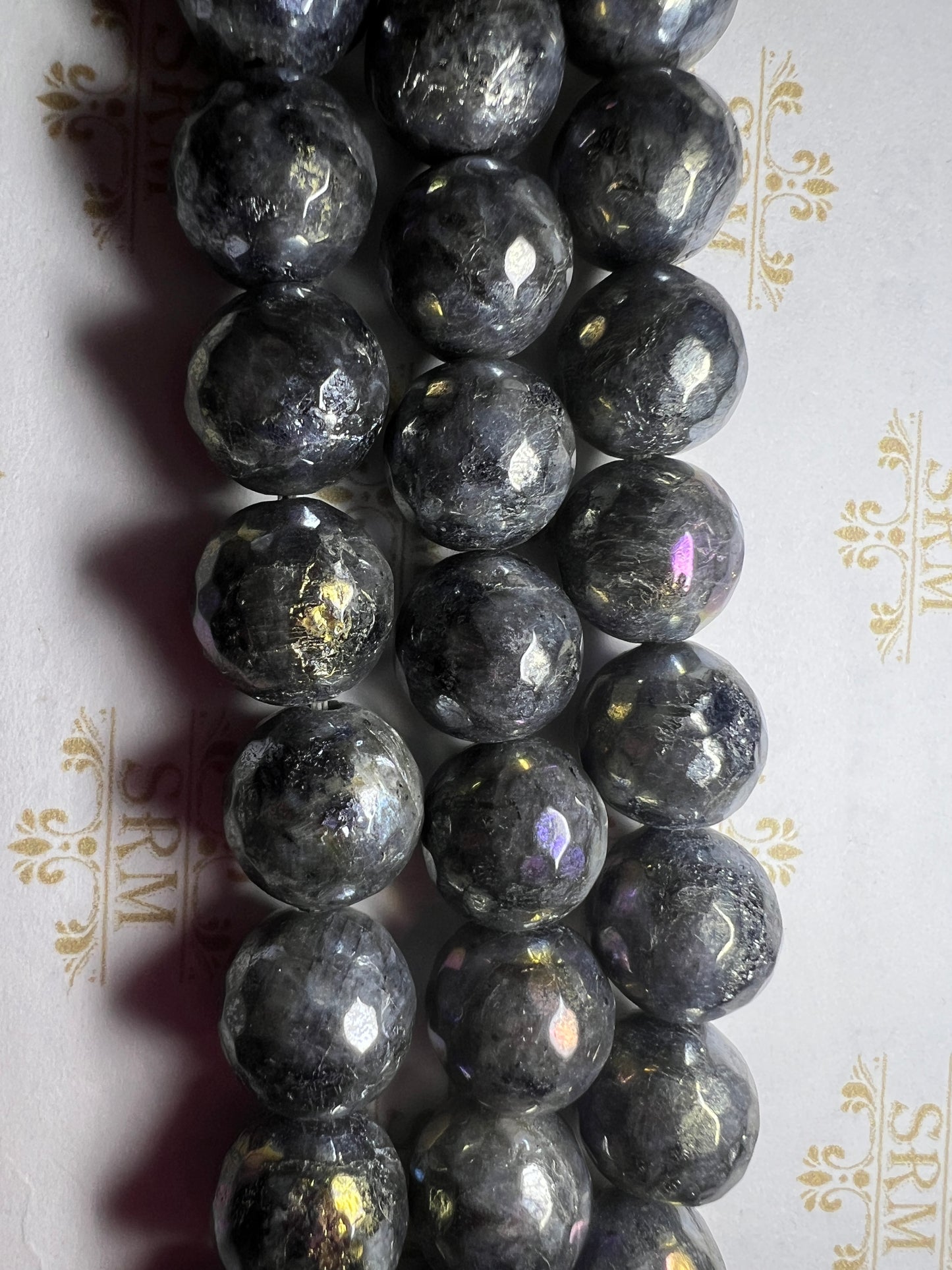 Beads : Larvikite : Faceted : Electroplated : 8mm, 10mm, 12mm.  Choice!