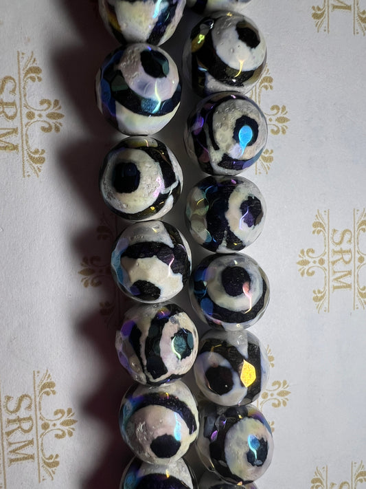 Beads : Tibetan Agate : Black Eye : Faceted : Electroplated : 12mm