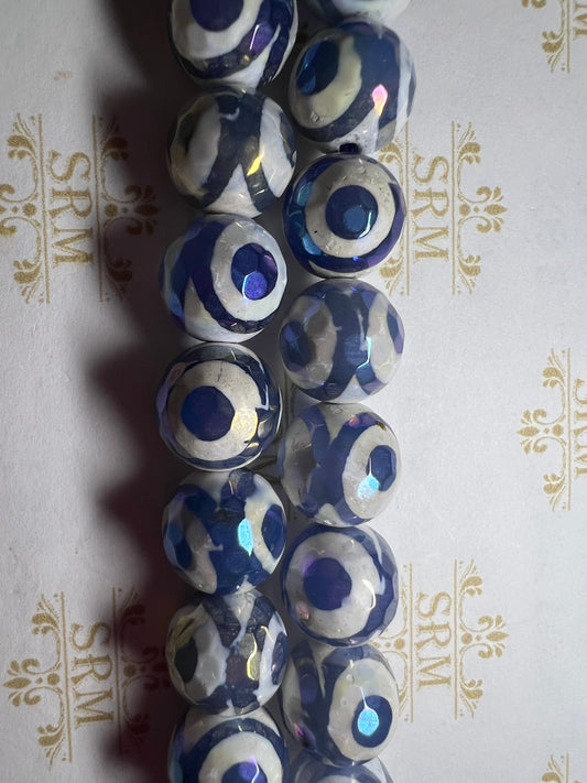 Beads : Tibetan Agate : Blue Eye : Faceted : Electroplated : 12mm