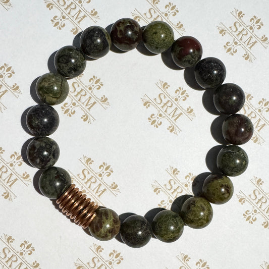 Bracelet : 10mm Dragon's Blood Jasper with Copper Coil, 6½"