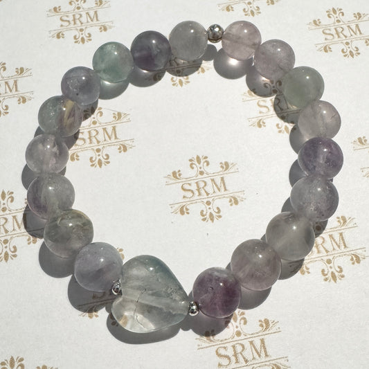 Bracelet : 10mm Fluorite with Fluorite Heart, 6¾", 7½"