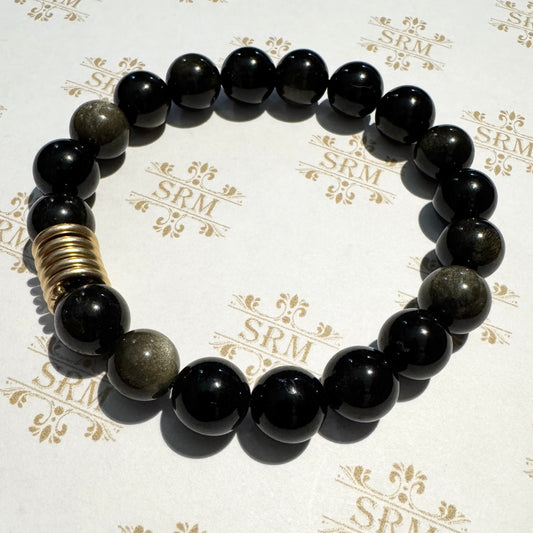 Bracelet : 10mm Gold Sheen Obsidian with Gold Filled Coil, 6½"