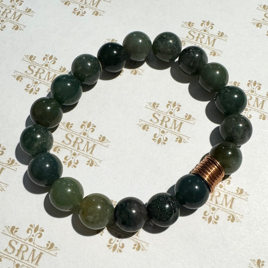 Bracelet : 10mm Moss Agate with Copper Coil, 6"