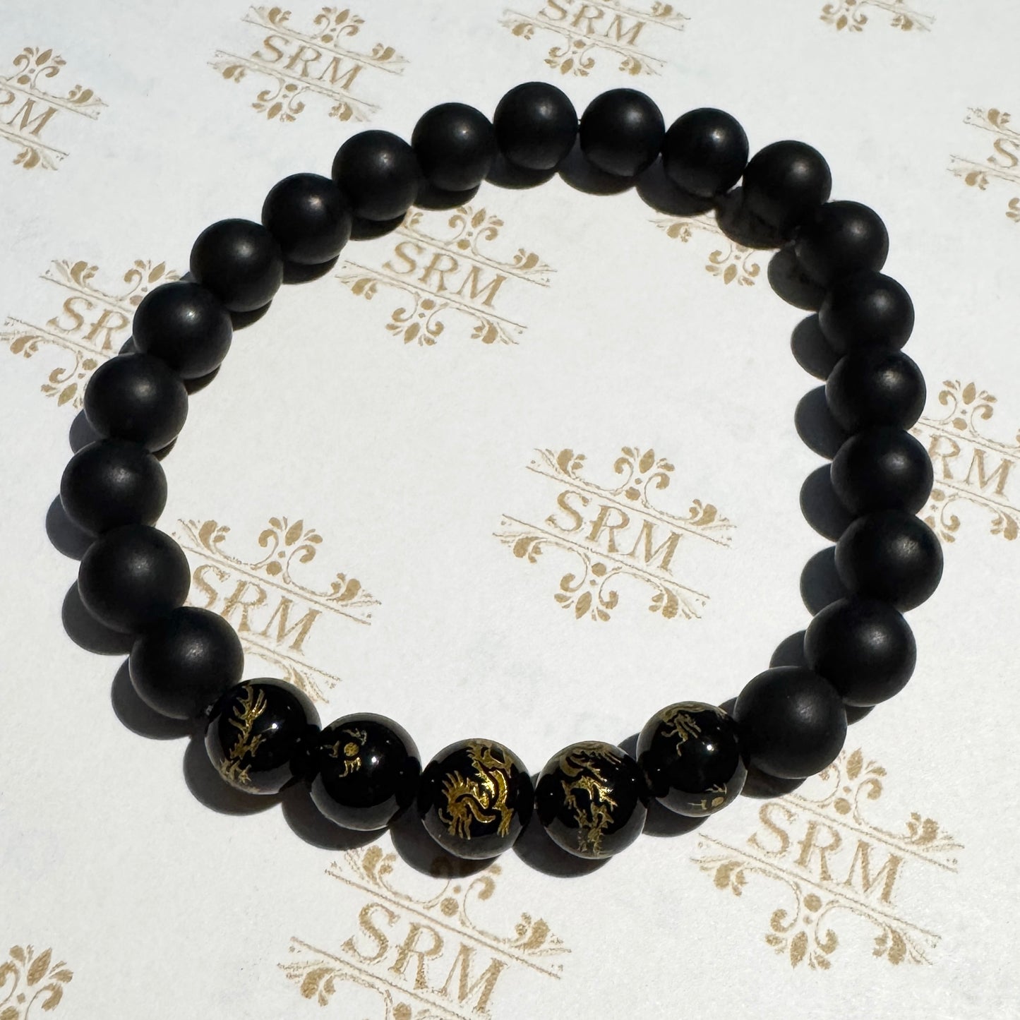 Bracelet : 8mm Matte Tourmaline and Polished Black Onyx/Gold Dragon, 6¾"