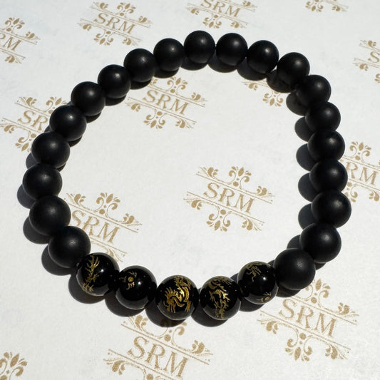 Bracelet : 8mm Matte Tourmaline and Polished Black Onyx/Gold Dragon, 6¾"