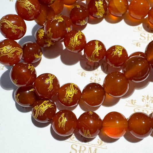 Bracelet : 8mm Carnelian & 8mm Carnelian/Gold Dragon, 6¾", 7”