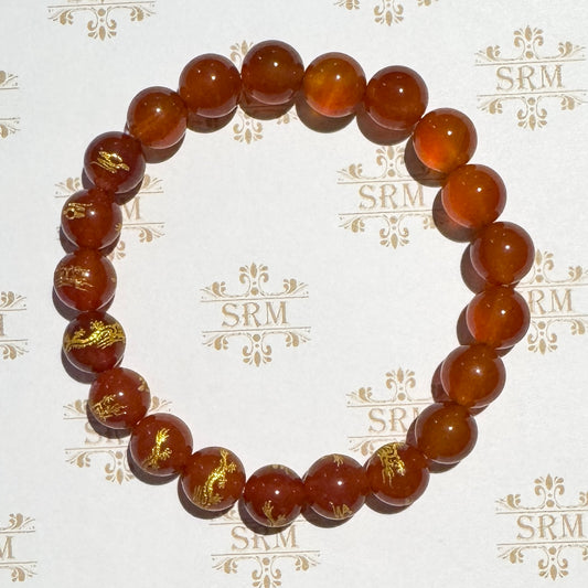 Bracelet : 10mm Carnelian & 10mm Carnelian/Gold Dragon, 6¾", 7"