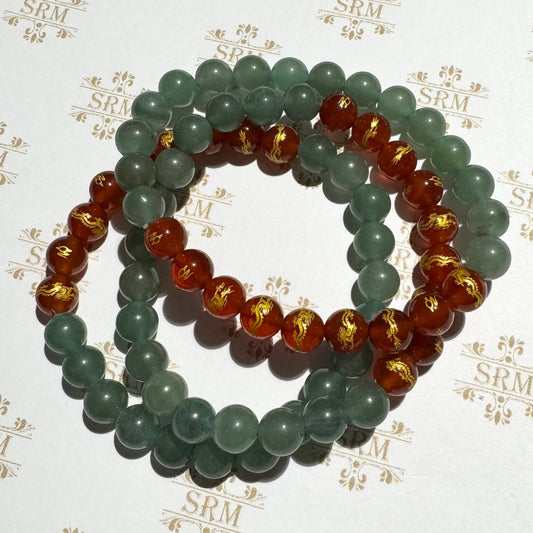 Bracelet : 8mm Green Jadeite & 8mm Carnelian/Gold Dragon, 6¾"