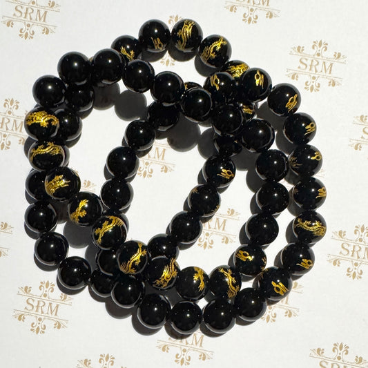 Bracelet : 10mm Polished Tourmaline and Black Onyx/Gold Dragon, 6¾", 7"