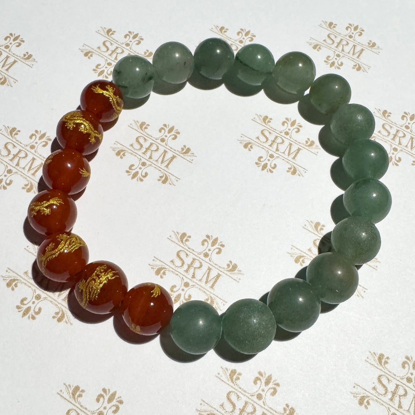 Bracelet : 10mm Green Jadeite and Carnelian Dragons, 6¾", 7"