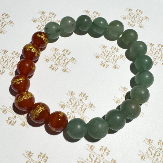 Bracelet : 10mm Green Jadeite and Carnelian Dragons, 6¾", 7"