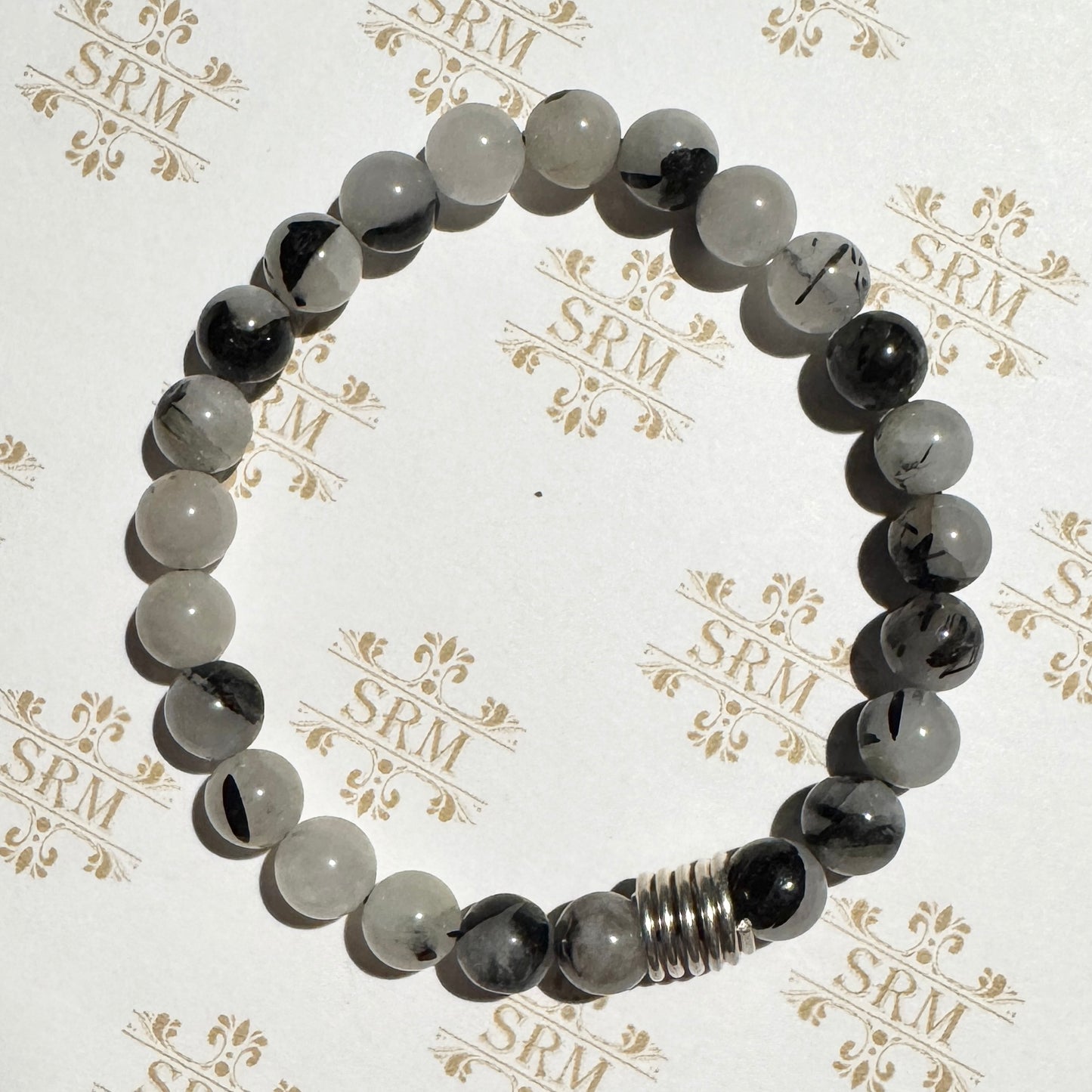 Bracelet : 8mm Tourmalinated Quartz with Sterling Silver Coil, 6¾"