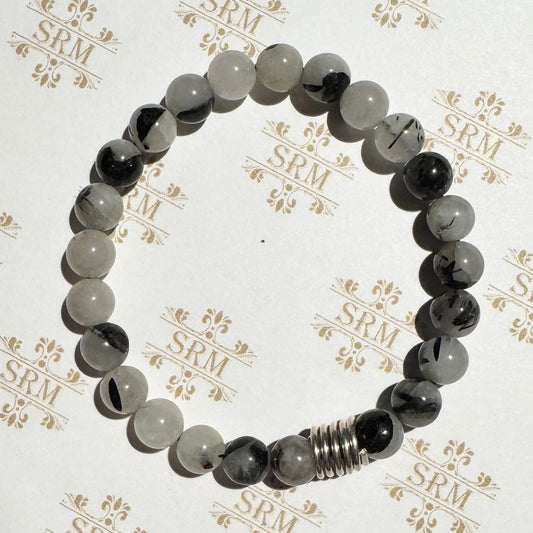 Bracelet : 8mm Tourmalinated Quartz with Sterling Silver Coil, 6¾"