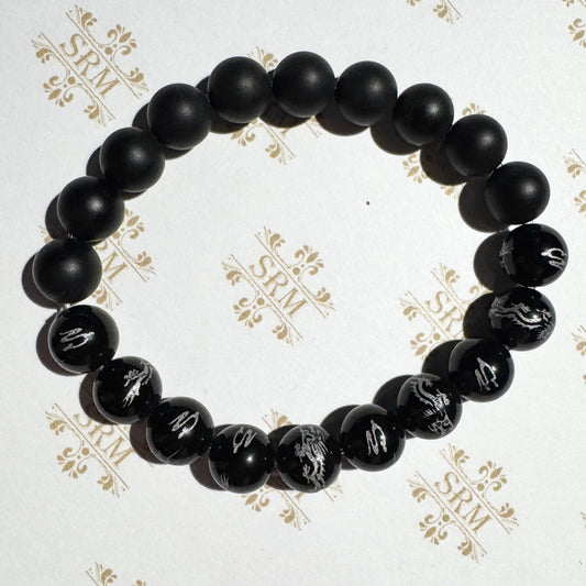 Bracelet : 10mm Matte Tourmaline and Polished Black Onyx/Silver Dragon, 6¾", 7"