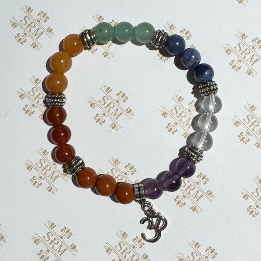Bracelet : 8mm Chakra Beads of Three with Charm, 7" : Sahasara, Lotus, Tree of Life