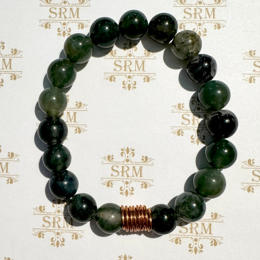 Bracelet : 10mm Moss Agate with Copper Coil, 6¼", 6½"