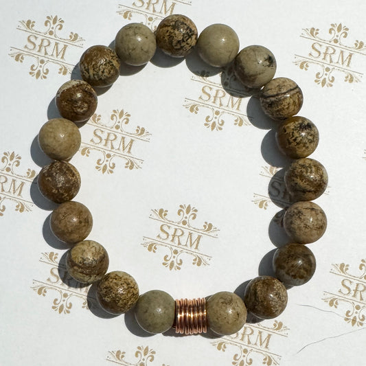 Bracelet : 10mm Dendritic Jasper with Copper Coil, 6¾", 6½", 6¼"