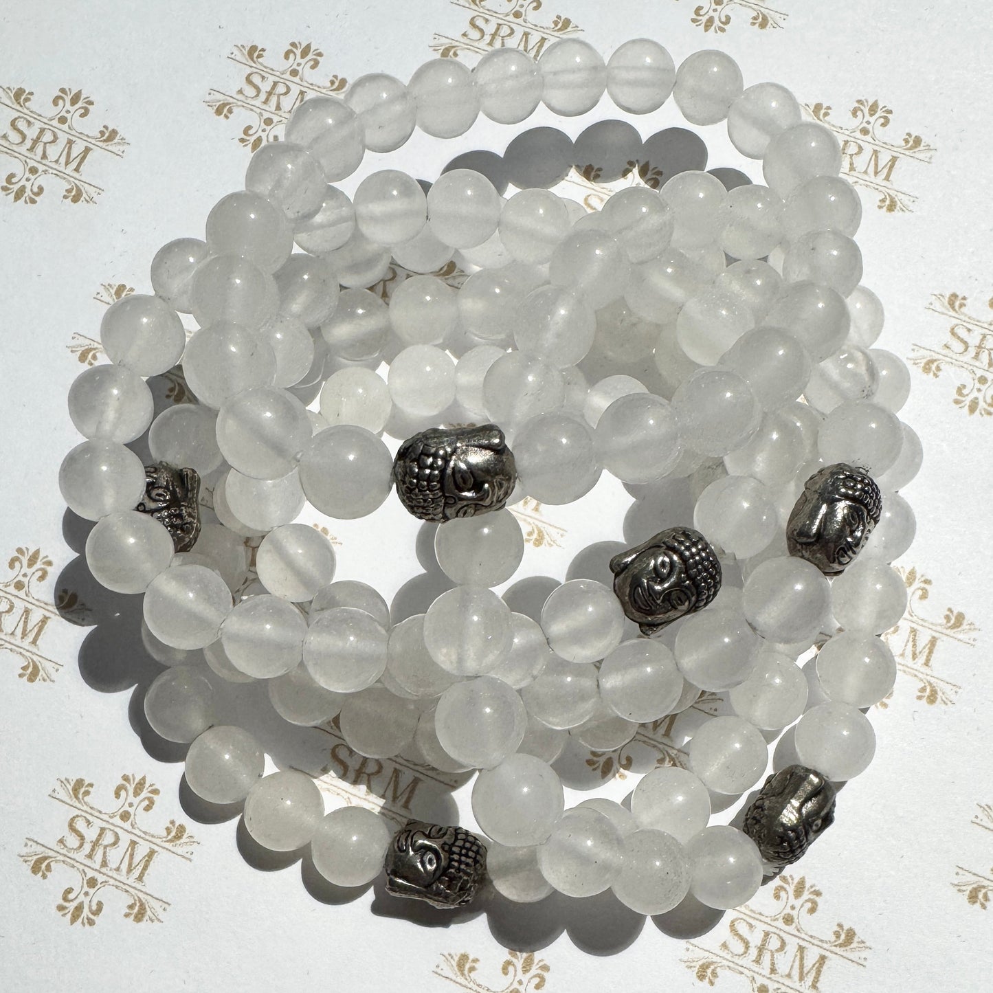 Bracelet : 8mm Girasol Quartz with Buddha bead, 6¼", 6½"