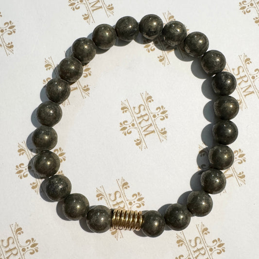 Bracelet 8mm Pyrite beads with Gold-filled coil, 6½"