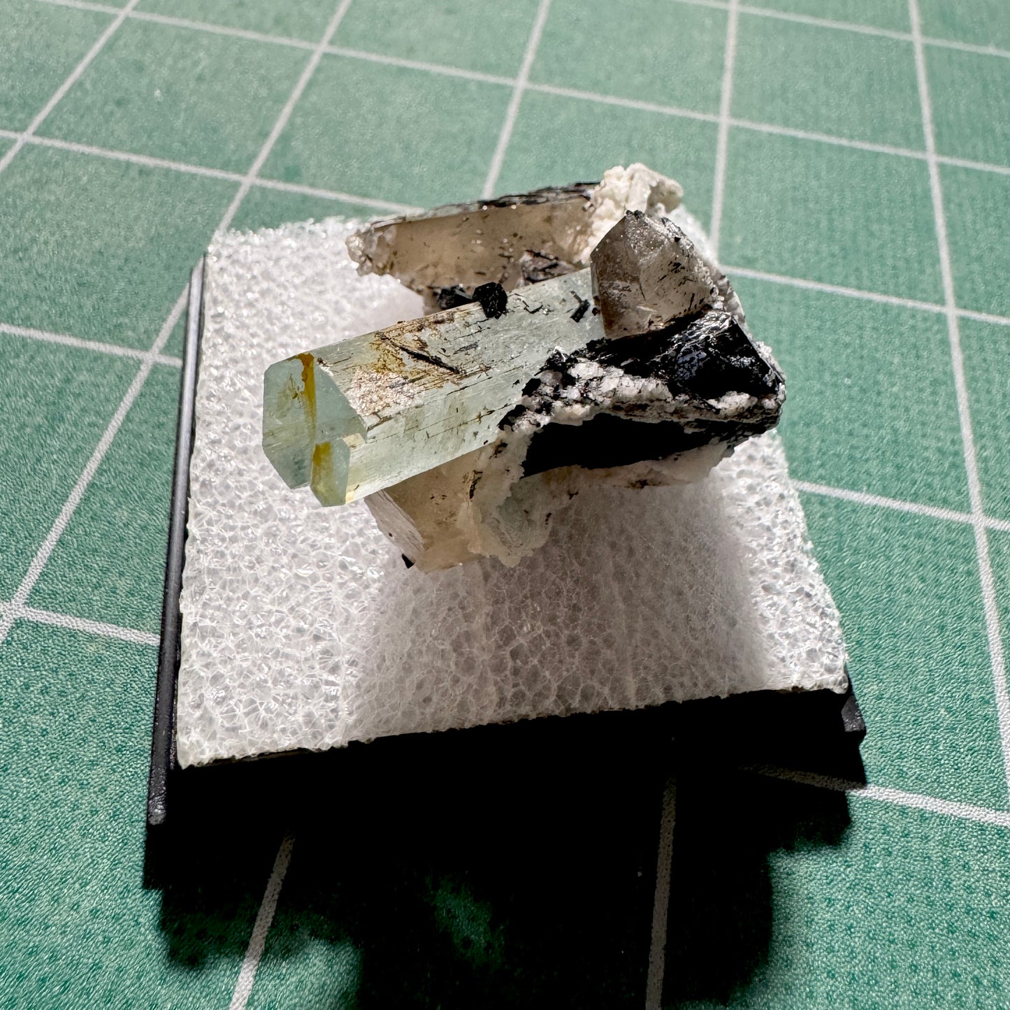 Crystal : Mounted : Natural Aquamarine on Smoky Quartz, Tourmaline and Feldspar, Namibia, 22g