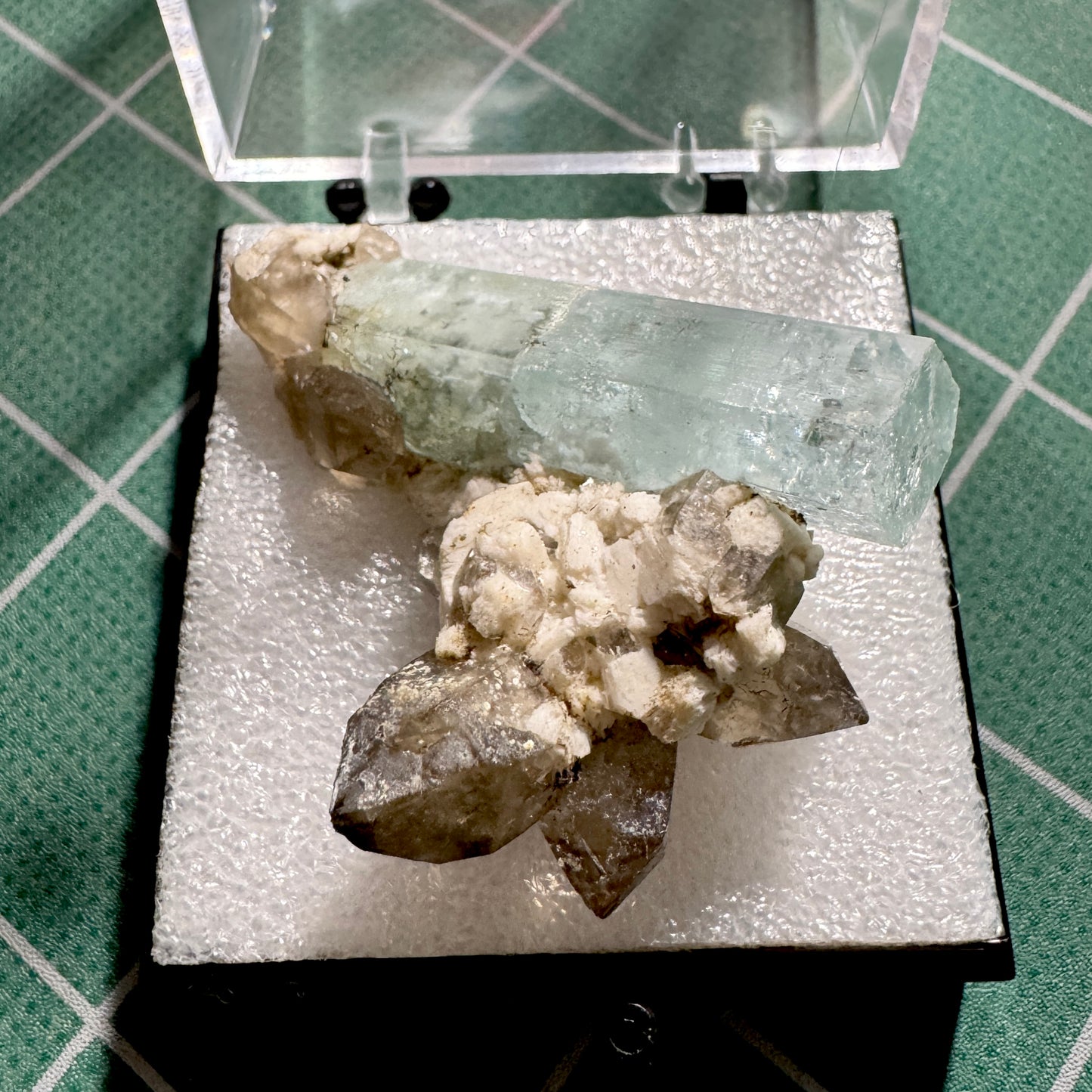 Crystal : Mounted : Natural Aquamarine on Smoky Quartz and Feldspar, Namibia, 26g