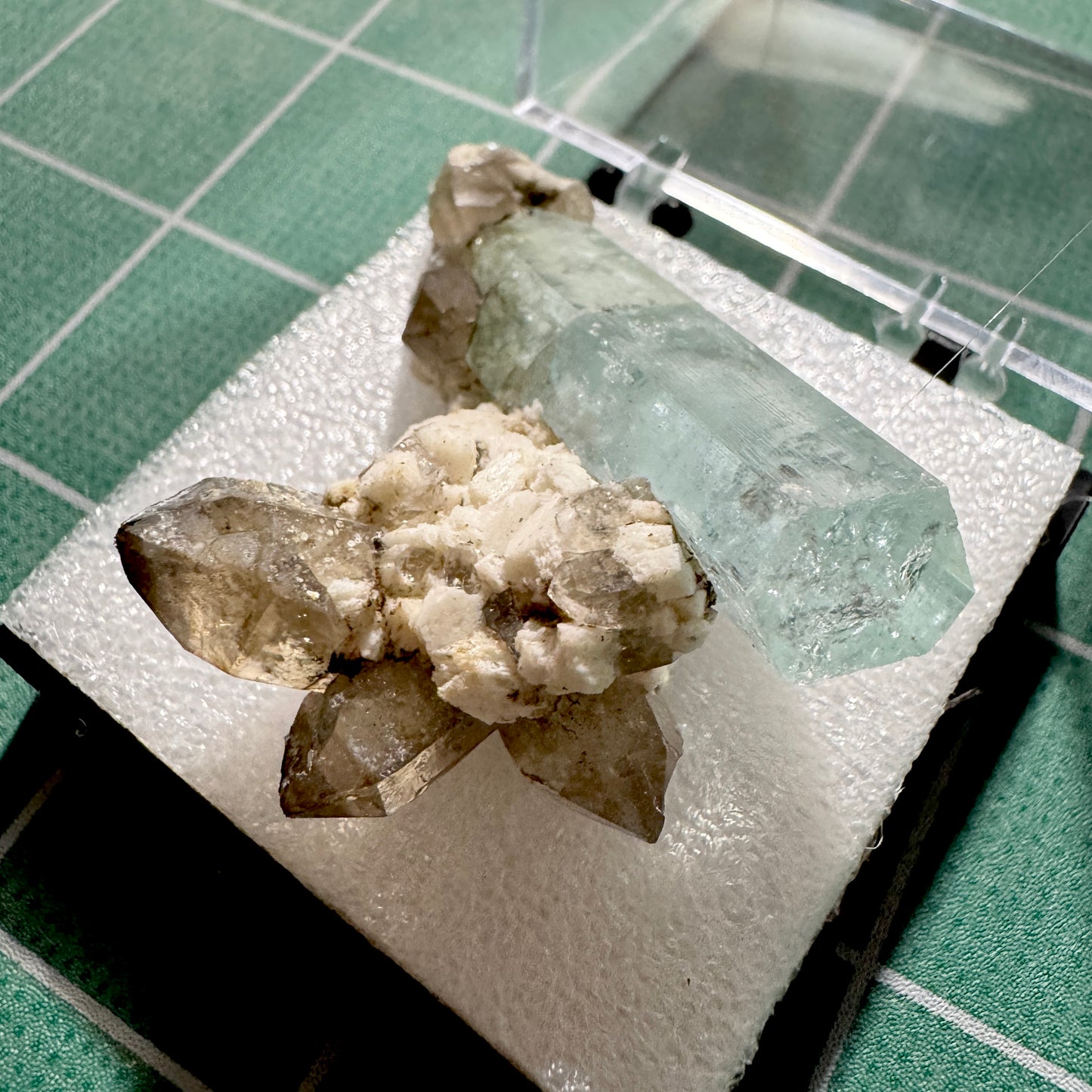 Crystal : Mounted : Natural Aquamarine on Smoky Quartz and Feldspar, Namibia, 26g