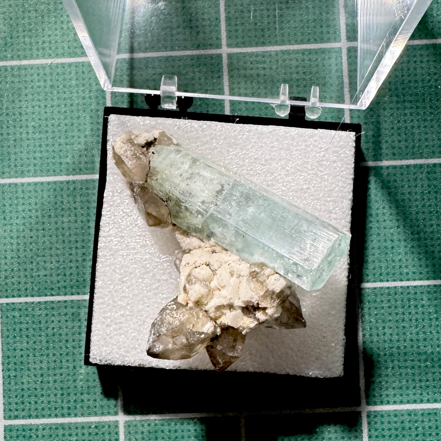 Crystal : Mounted : Natural Aquamarine on Smoky Quartz and Feldspar, Namibia, 26g