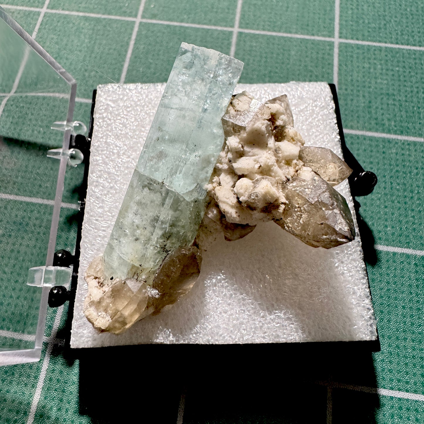 Crystal : Mounted : Natural Aquamarine on Smoky Quartz and Feldspar, Namibia, 26g