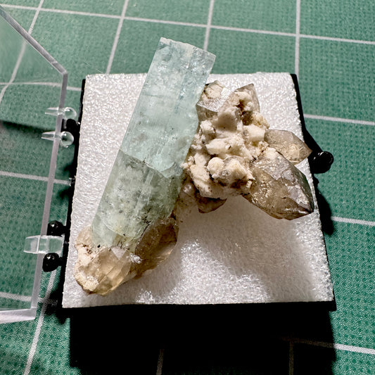 Crystal : Mounted : Natural Aquamarine on Smoky Quartz and Feldspar, Namibia, 26g