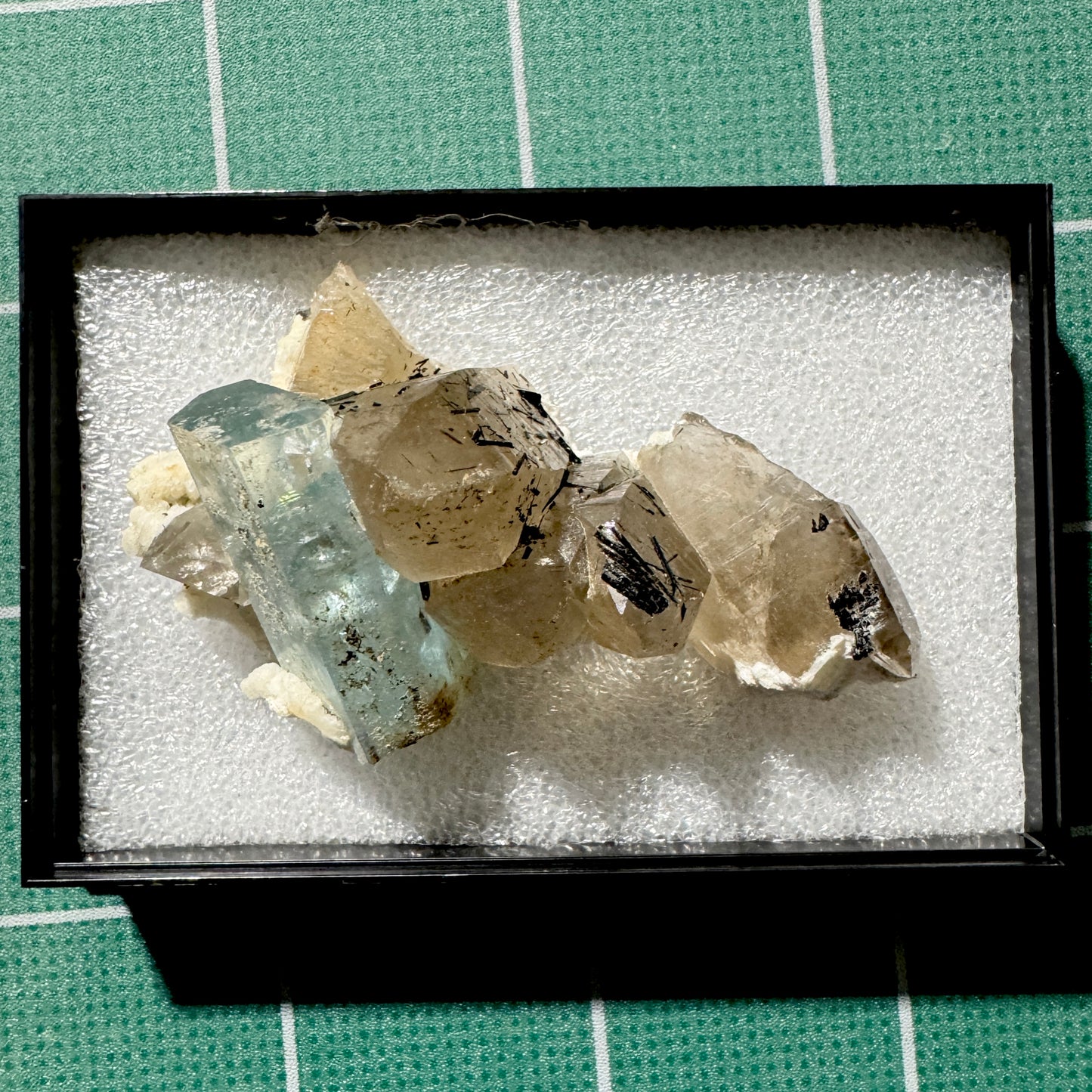 Crystal : Mounted : Natural Aquamarine on Smoky Quartz with Tourmaline inclusions and Feldspar, Namibia, 29g