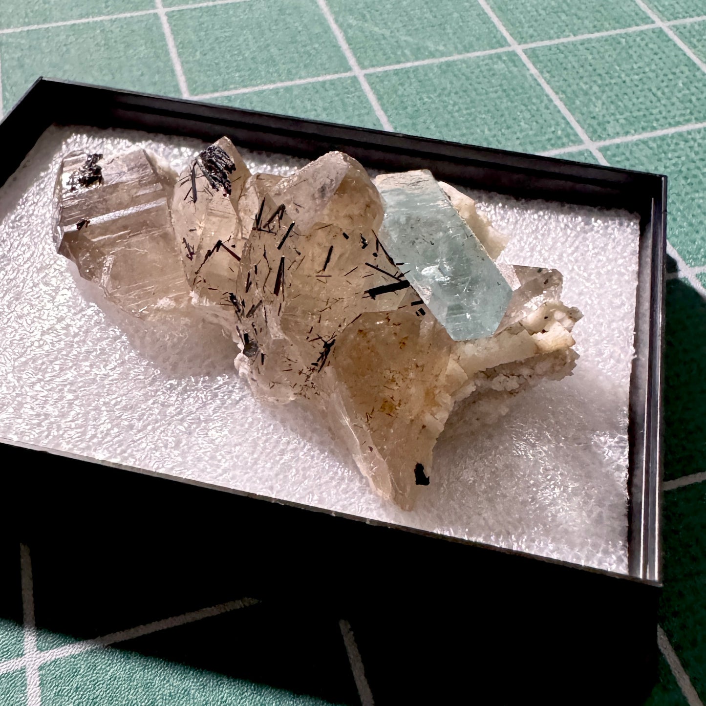 Crystal : Mounted : Natural Aquamarine on Smoky Quartz with Tourmaline inclusions and Feldspar, Namibia, 29g