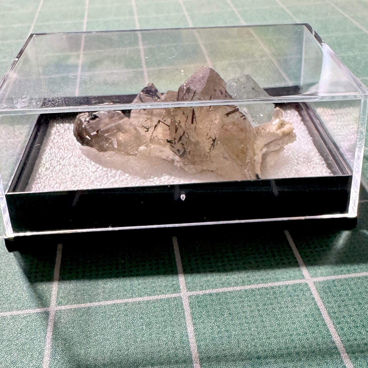 Crystal : Mounted : Natural Aquamarine on Smoky Quartz with Tourmaline inclusions and Feldspar, Namibia, 29g