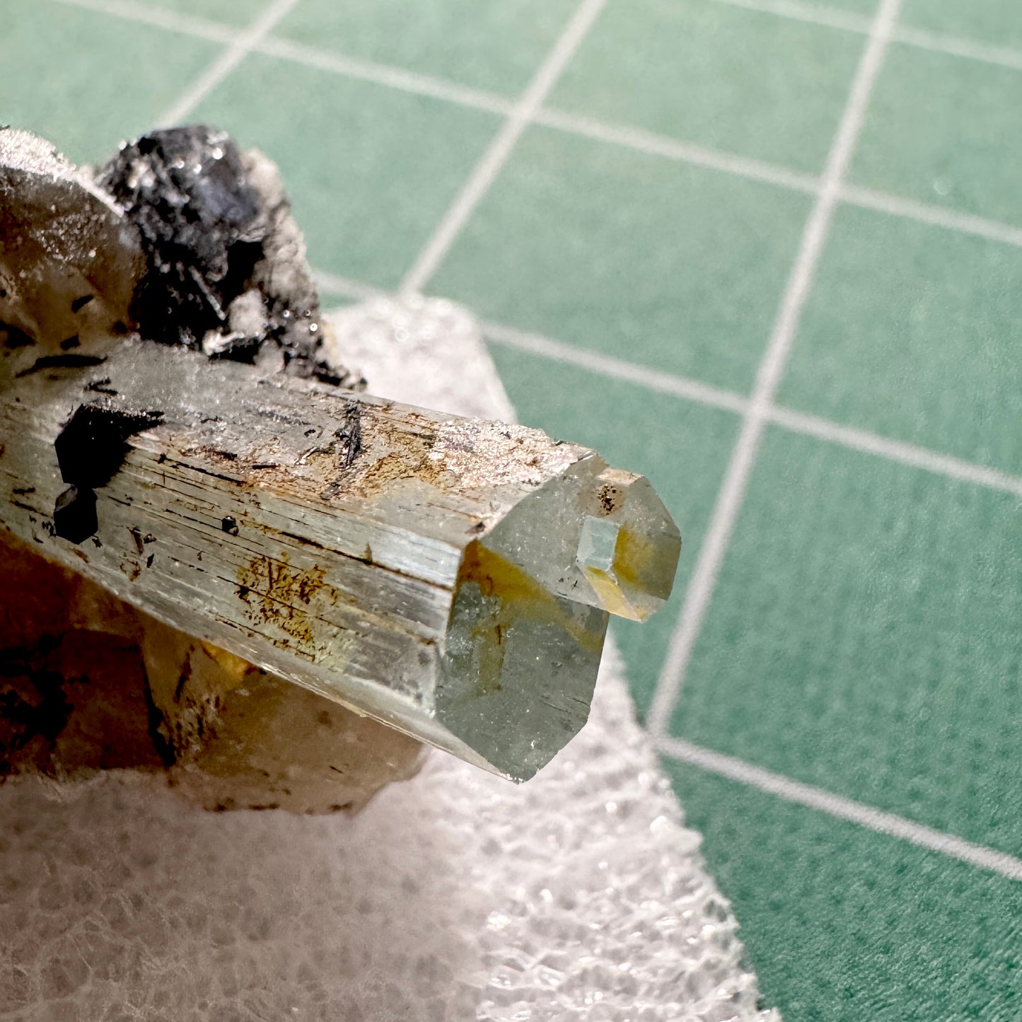 Crystal : Mounted : Natural Aquamarine on Smoky Quartz, Tourmaline and Feldspar, Namibia, 22g