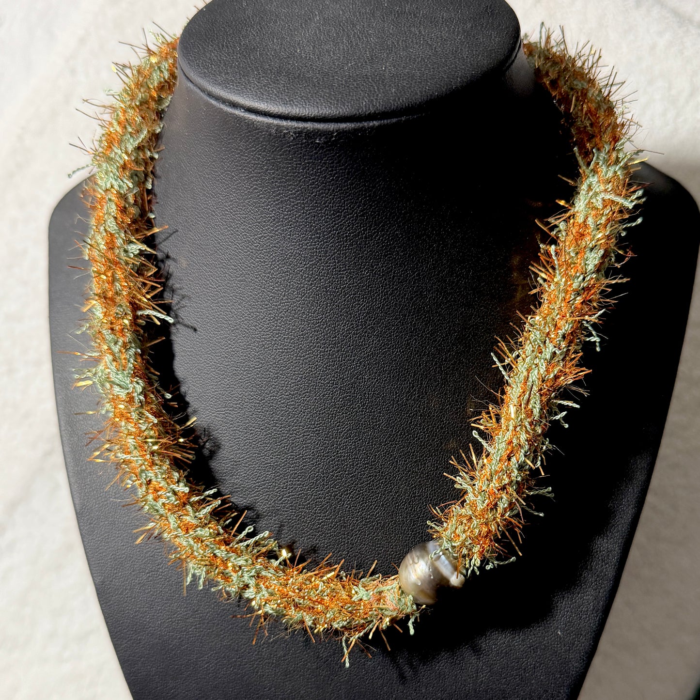 Necklace : 21” Feathery Pale Olive with Bronze Shimmer Strands and Tahitian Pearl