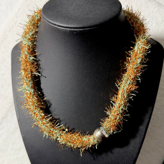 Necklace : 21” Feathery Pale Olive with Bronze Shimmer Strands and Tahitian Pearl