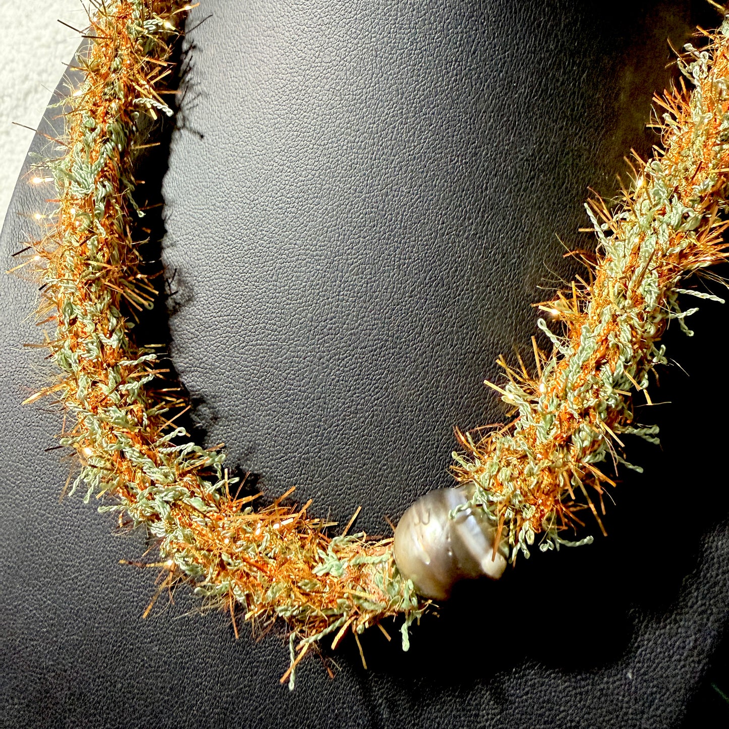 Necklace : 21” Feathery Pale Olive with Bronze Shimmer Strands and Tahitian Pearl
