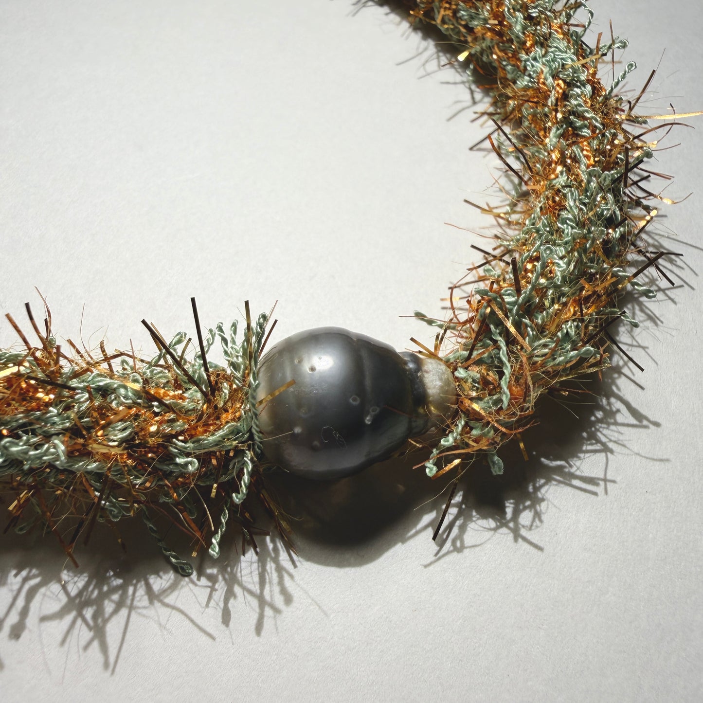Necklace : 21” Feathery Pale Olive with Bronze Shimmer Strands and Tahitian Pearl