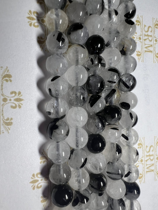 Beads : Black Tourmaline in Quartz : 6mm