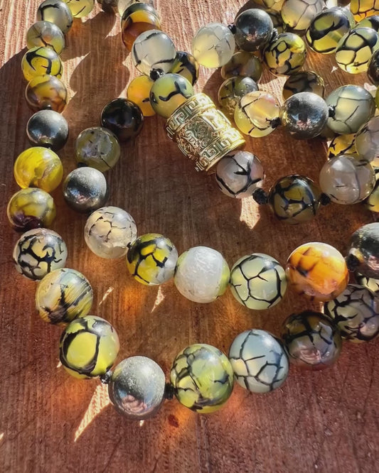 Necklace : Dragon Vein Agate (34") with Tibetan Bead Pendant (2")